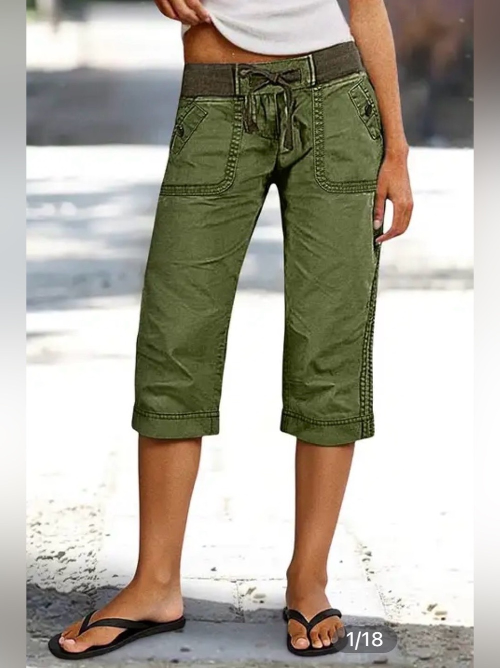 Flamingals Drawstring Button Decor Mid Waist Straight Leg Capri Pants